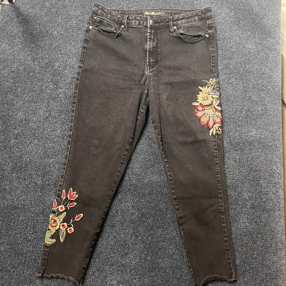 Y2K Seven7 High Rise Ankle Skinny Jeans Womens 16 Black Floral Embroidered Denim